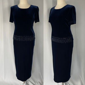 Vintage Formal Dress Size 14 Navy Blue Velvet Beaded Cocktail Party Y2K 90s